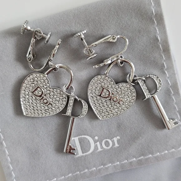 Christian Dior by John Galliano heart-key padlock crystal earrings ear clips - Picture 3 of 11